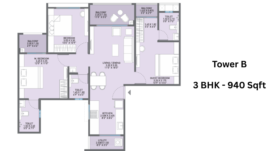 JN-AA-Privilege-Floor-Plan- Tower- B- 3 BHK -940-Sqft